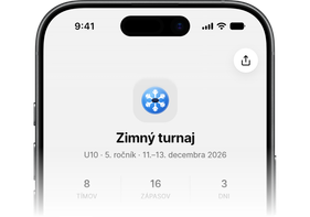 Verejná stránka turnaja v telefóne: Zimný turnaj, U10, 5. ročník, 11.–13. decembra 2026, 8 tímov, 16 zápasov, 3 dni.