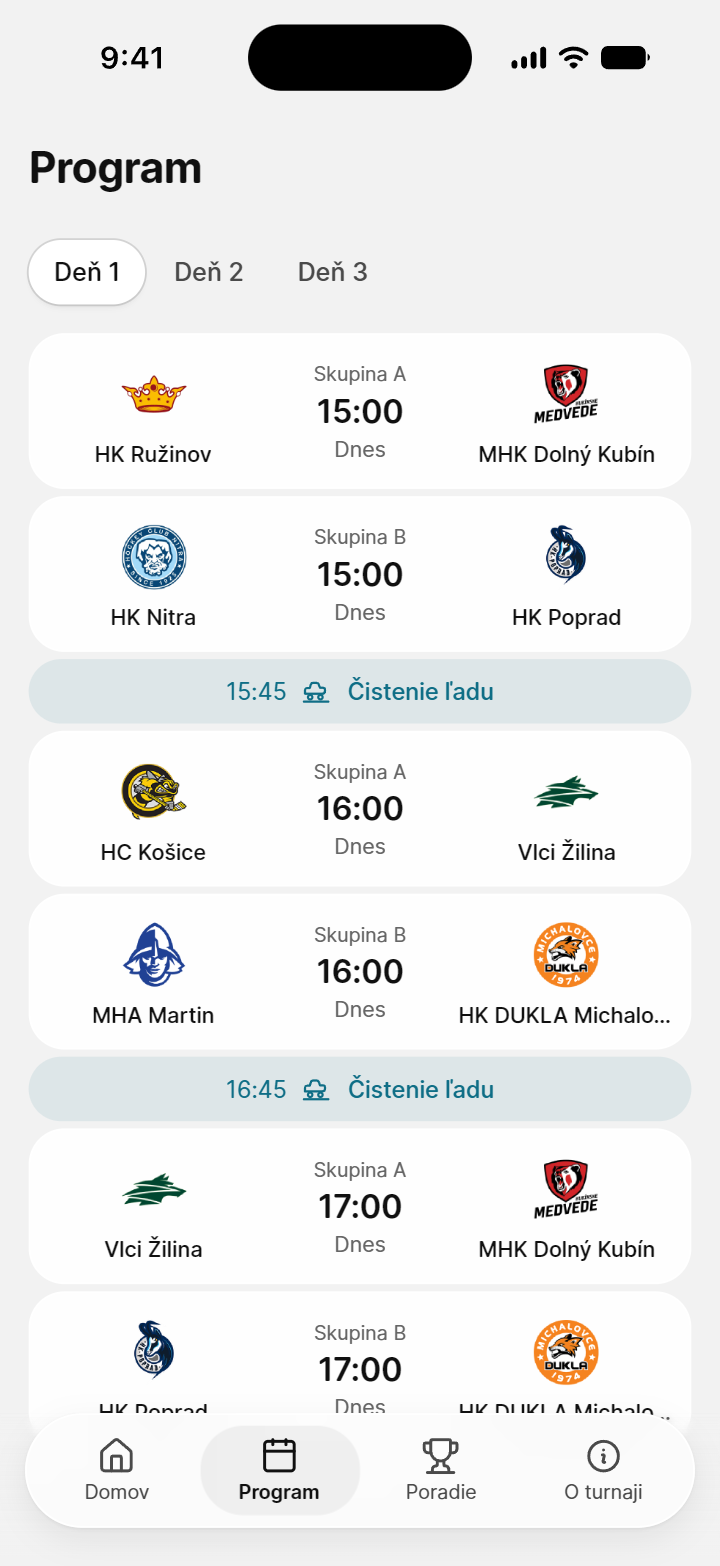 Program turnaja v telefóne: prvý deň pred začiatkom: štyri dnešné zápasy skupín A a B o 15:00 a 16:00 a medzi nimi čistenie ľadu.